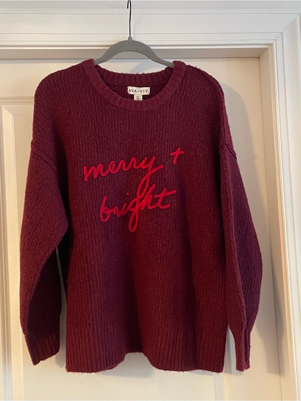 Ava & Viv Burgundy Crewneck Sweater with Red 'merry + bright' Script